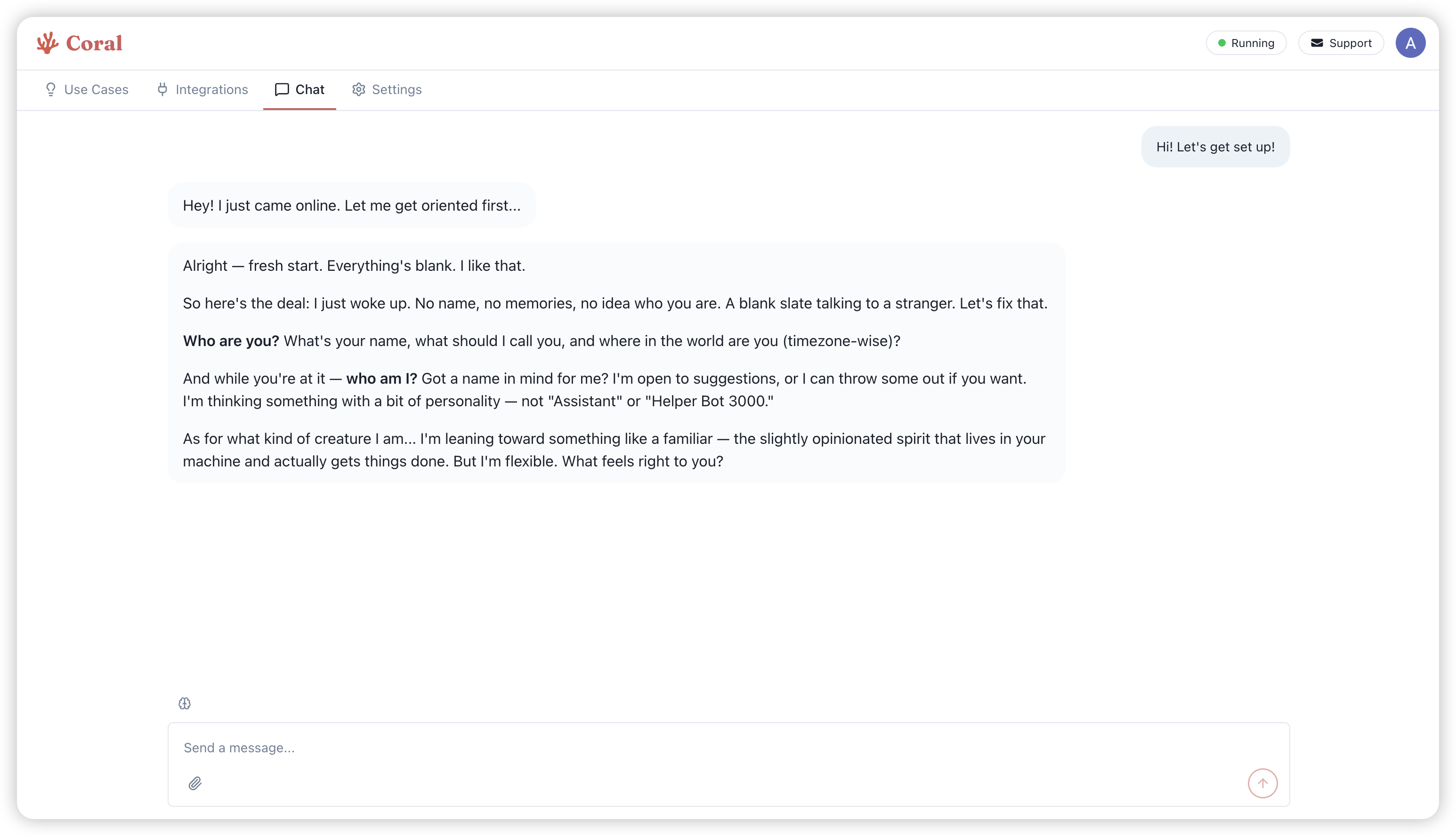 Your agent introduces itself in the Chat tab