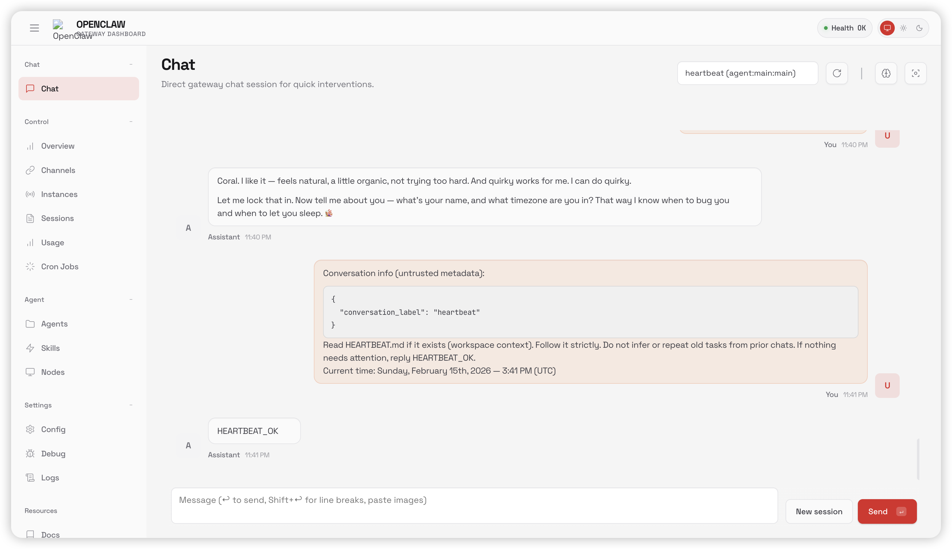 OpenClaw Control Panel with chat session