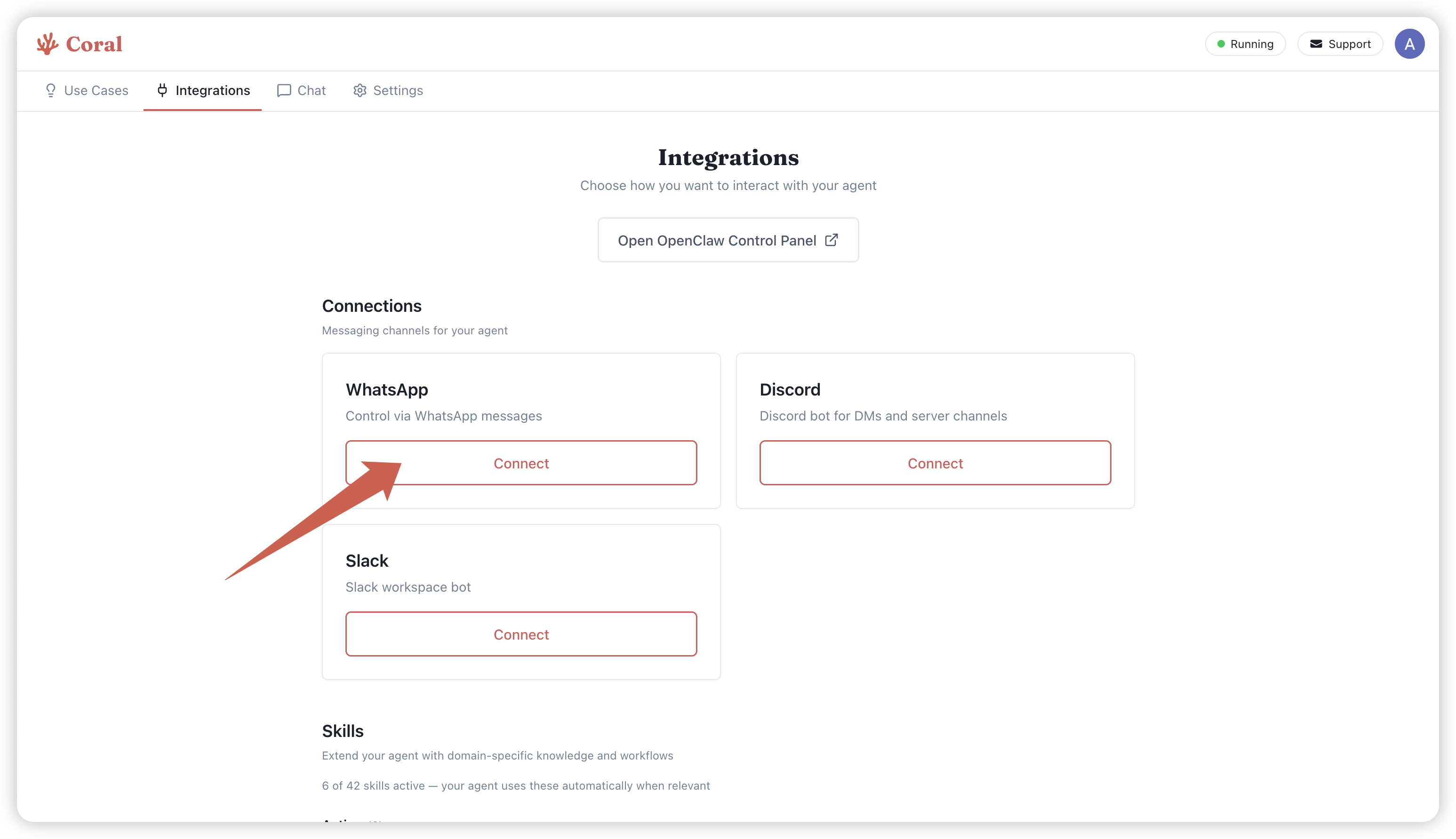 Click Connect on the WhatsApp card