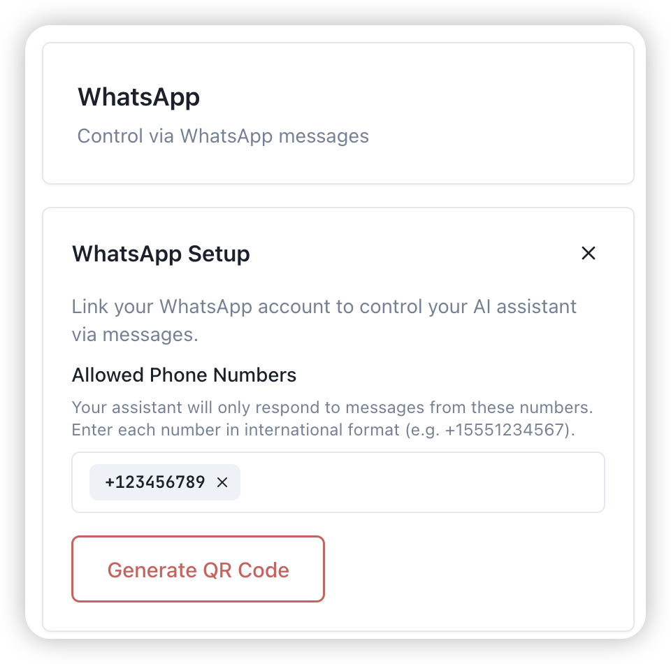 WhatsApp setup — enter your phone number and generate QR code