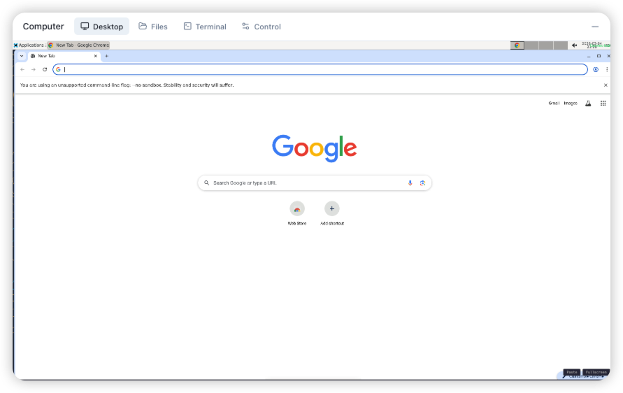 Computer View in Coral — desktop, files, and terminal